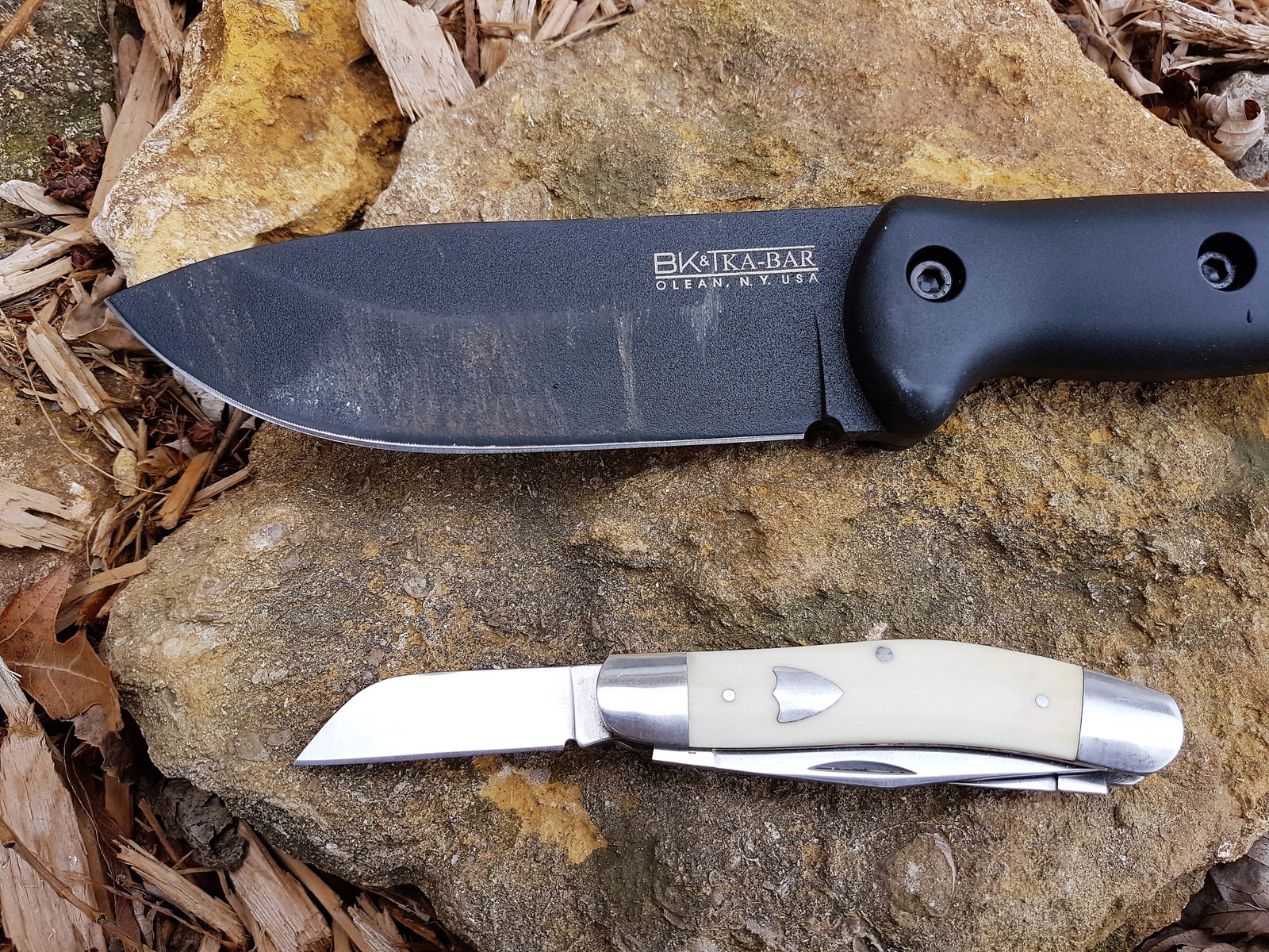 AG Russell Serpentine Stockman slipjoint with white bone compared to Ka-Bar Companion fixed blade
